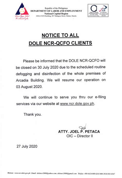 dole ncr quezon city|PUBLIC ADVISORY: DOLE.